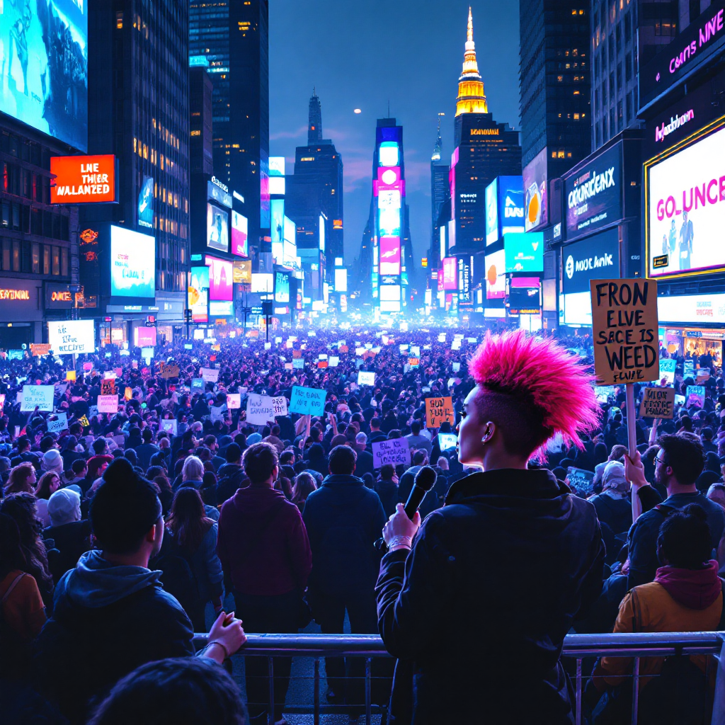 A vibrant crowd gathers in Times Square, illuminated by neon lights, as a speaker addresses them, embodying the unity and strength of people united in a cause.