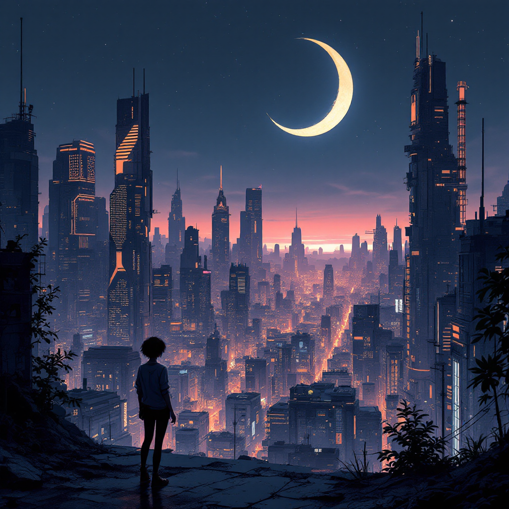 A figure stands on a cliff, gazing at a sprawling futuristic city illuminated by twilight, with a crescent moon overhead, embodying the idea of shaping the future through today's actions.