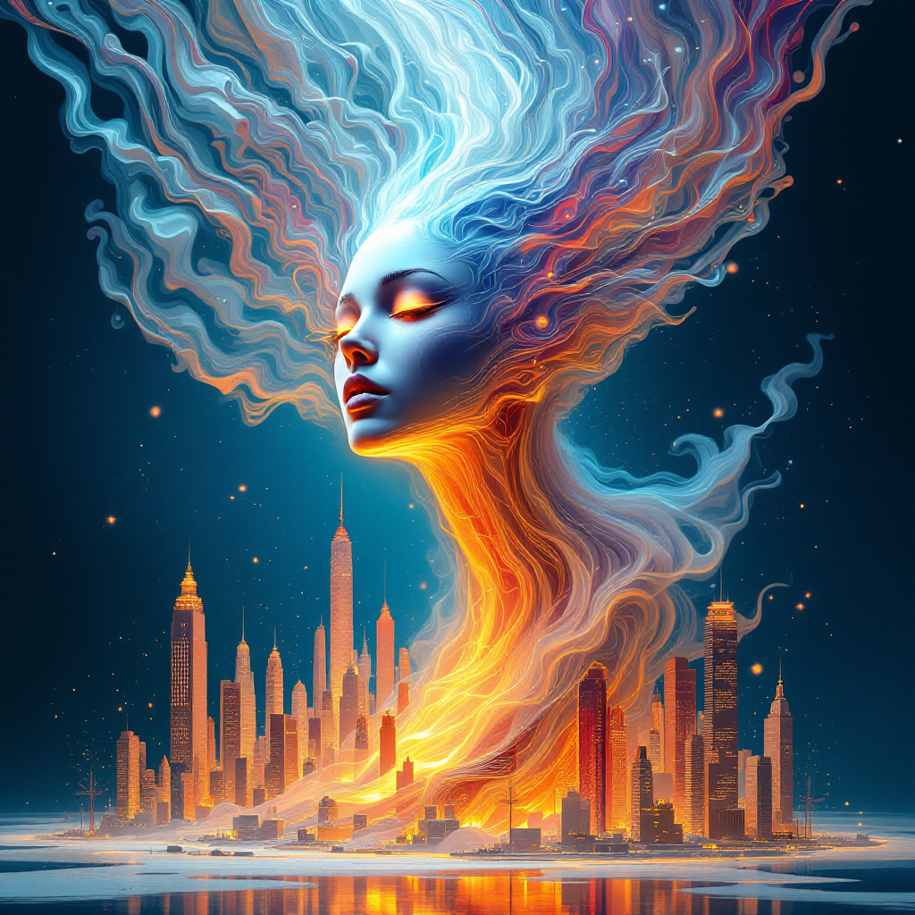 A mystical figure with flowing hair emerges above a glowing cityscape, symbolizing wisdom gained through experience and the lessons learned from mistakes.