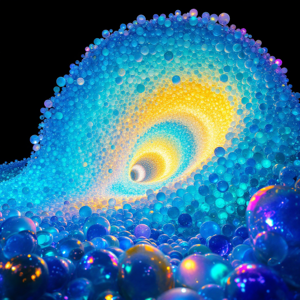 A vibrant, swirling wave made of glowing blue and yellow spheres, symbolizing strength through compassion and empathy, creating a visually dynamic and harmonious flow.