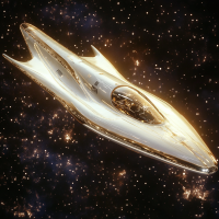 A sleek, white starship shaped like a running shoe, representing the Heart of Gold from the book, glides through space, glowing softly with golden hues against a starry backdrop.