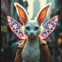 A fantastical white rabbit with large ears and striking green eyes, adorned with vibrant, translucent wings, stands confidently amidst a bustling cityscape.