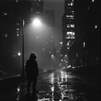 A solitary figure stands in the rain on a deserted street, illuminated by a dim streetlight, embodying the dark, enigmatic essence described in the quote about the city's bleakness.