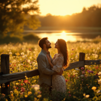 A couple embraces in a sunlit field of wildflowers, their joyful connection mirrored by the glowing sunset, embodying love and belonging amidst nature's beauty.