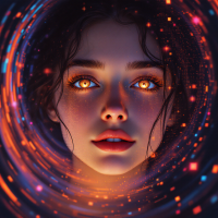 A close-up portrait of a young woman with glowing orange eyes and wet skin, surrounded by a swirling galaxy of colorful lights, reflecting inner depth and emotional complexity.