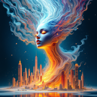 A mystical figure with flowing hair emerges above a glowing cityscape, symbolizing wisdom gained through experience and the lessons learned from mistakes.