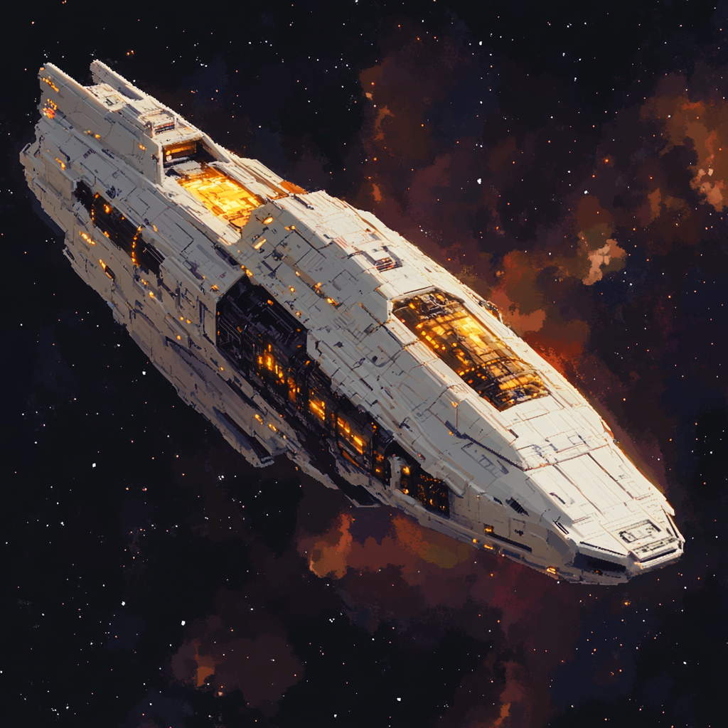 A sleek, white starship shaped like a large running shoe, named the Heart of Gold, glows against a starry background. At its heart lies a small gold box containing a unique, powerful device.