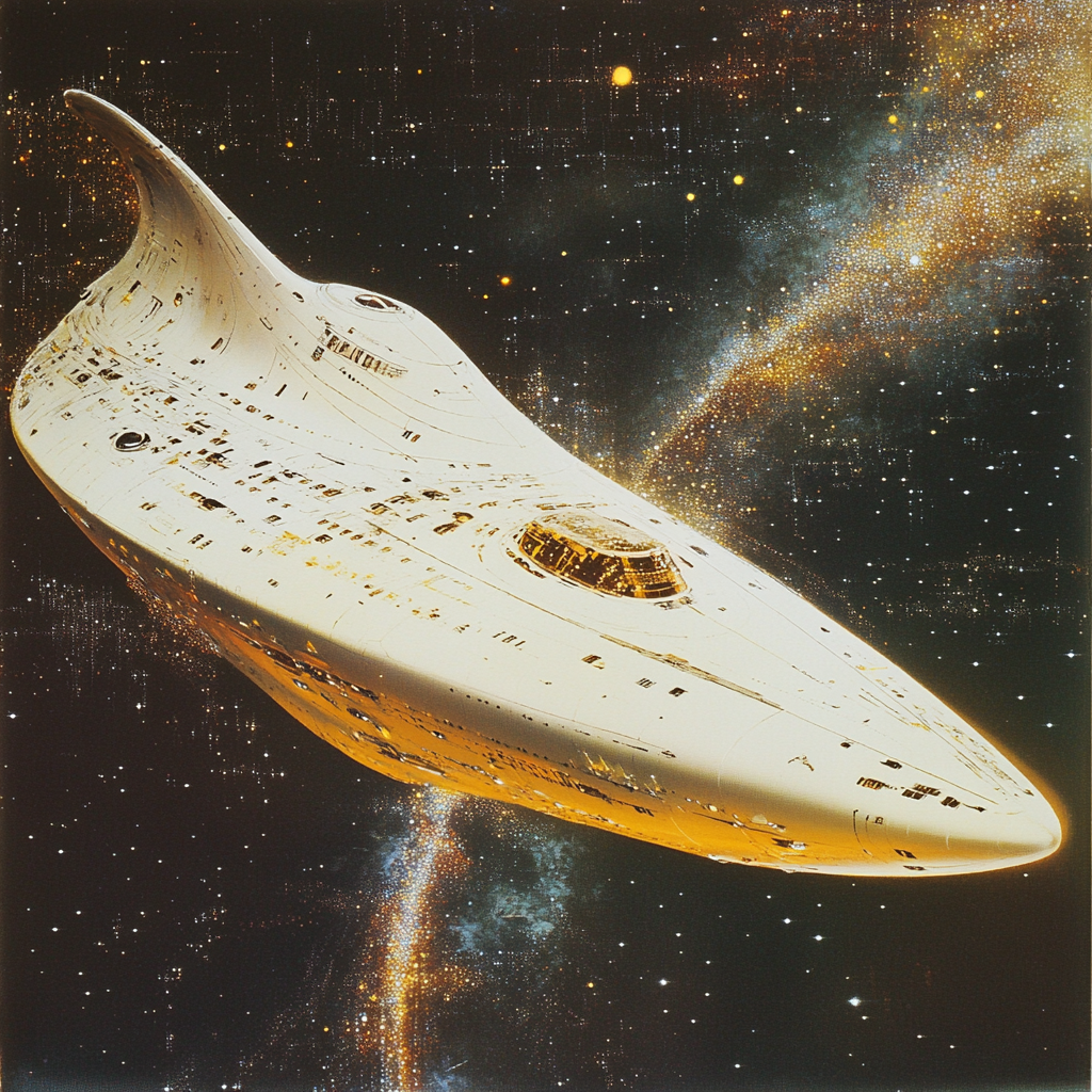 A sleek, white starship shaped like a running shoe, glides through space. This is the Heart of Gold, unique in the galaxy, carrying a small gold box with a powerful, brain-wrenching device inside.