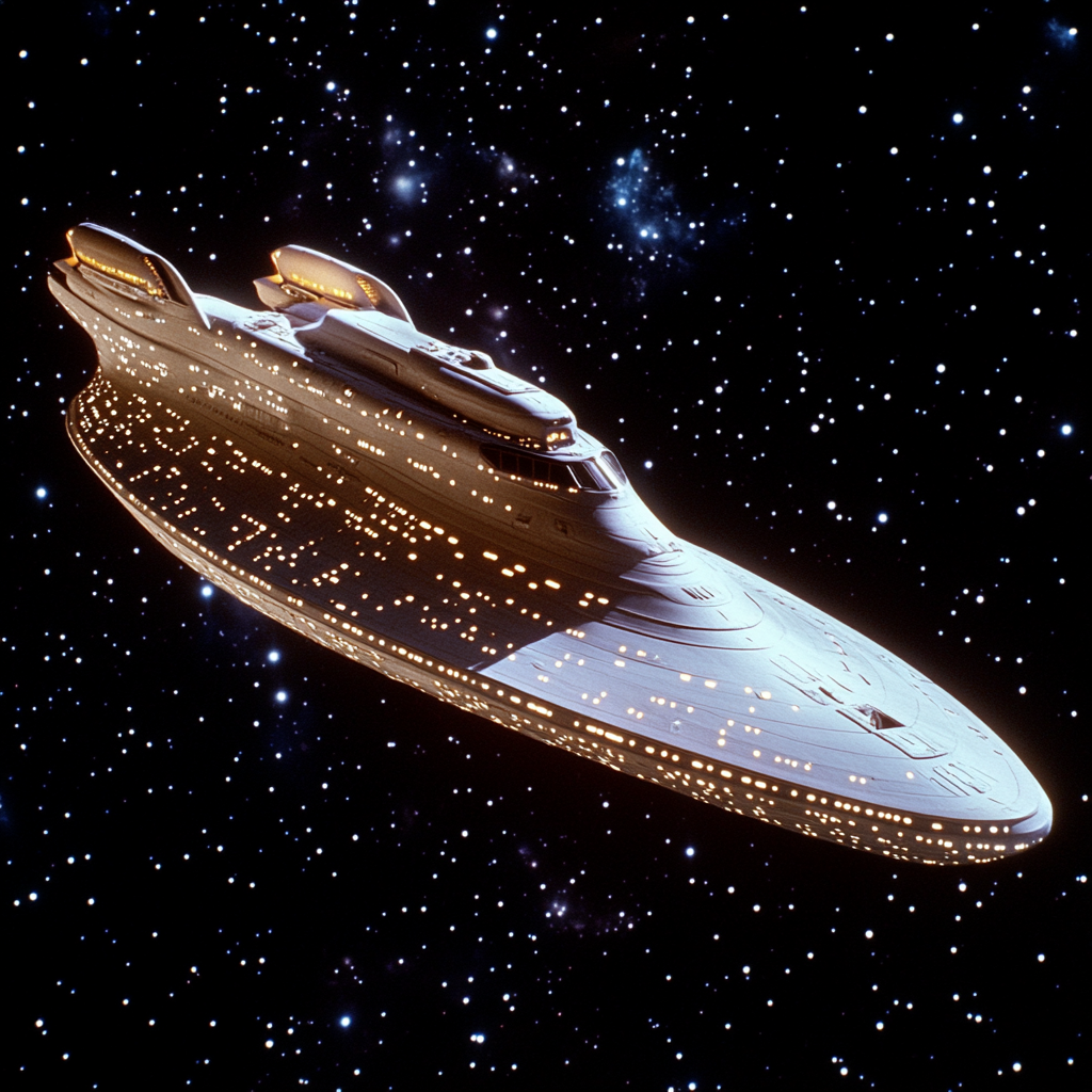 A sleek, white, running shoe-shaped starship glides through space. It is 150 meters long and stunningly beautiful, holding the gold box with the brain-wrenching device, named the Heart of Gold.