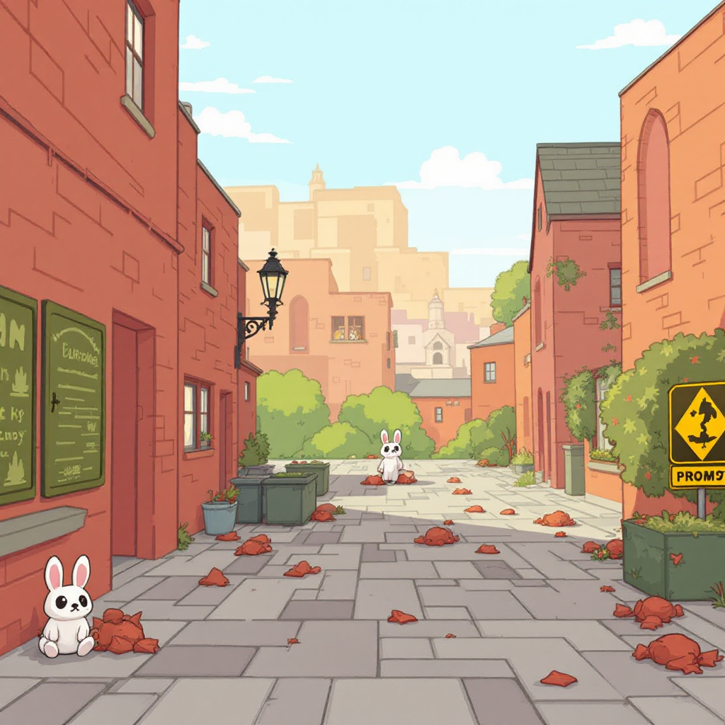 A whimsical alleyway lined with red-brick buildings, scattered with leaves. A cartoon bunny sits by a green garbage can, with a Caution sign in the foreground.