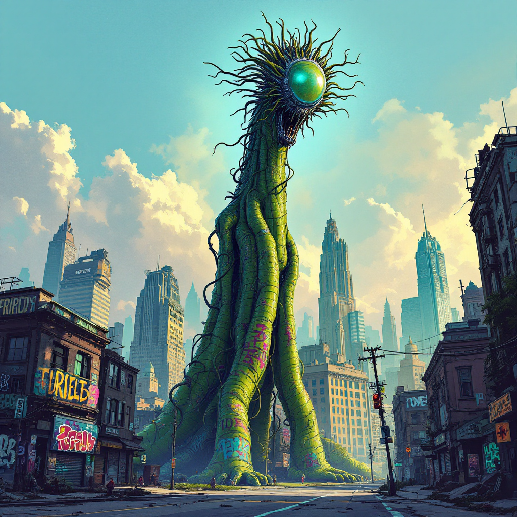 A towering, green Triffid with a large eye looms over a deserted cityscape, blending elements of nature and urban decay, evoking a sense of menace and otherworldliness.