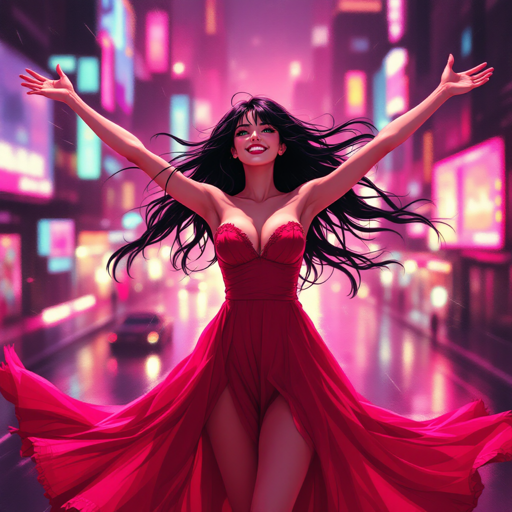 A woman in a flowing red dress, arms outstretched, stands joyfully in a vibrant city at night, embodying the passionate declaration of love and admiration from the quote.