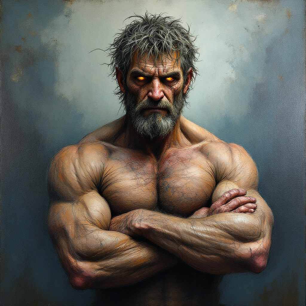 A muscular, bearded man stands confidently with arms crossed, embodying strength and resilience, reflecting the essence of overcoming adversity from the quote on greatness.