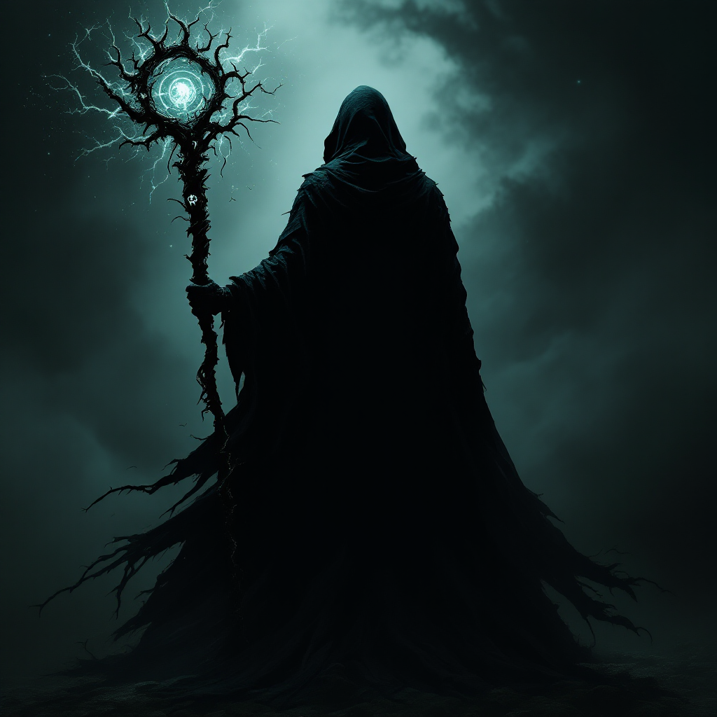 A shadowy figure cloaked in dark robes stands against a dramatic, stormy sky, holding a staff adorned with an ethereal glowing orb, embodying the essence of narrative control as a powerful enemy.