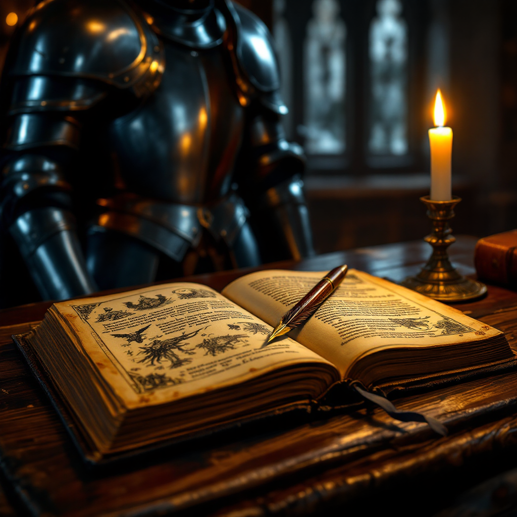 A knight in armor stands beside an illuminated candle, gazing thoughtfully at an open book on a wooden table, embodying the quote about the essential relationship between the mind and knowledge.