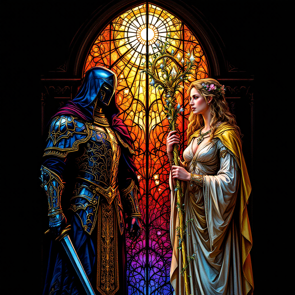 A cloaked figure in ornate armor faces a radiant woman holding a staff, framed by a vibrant stained glass window, symbolizing the tension between power and hope.