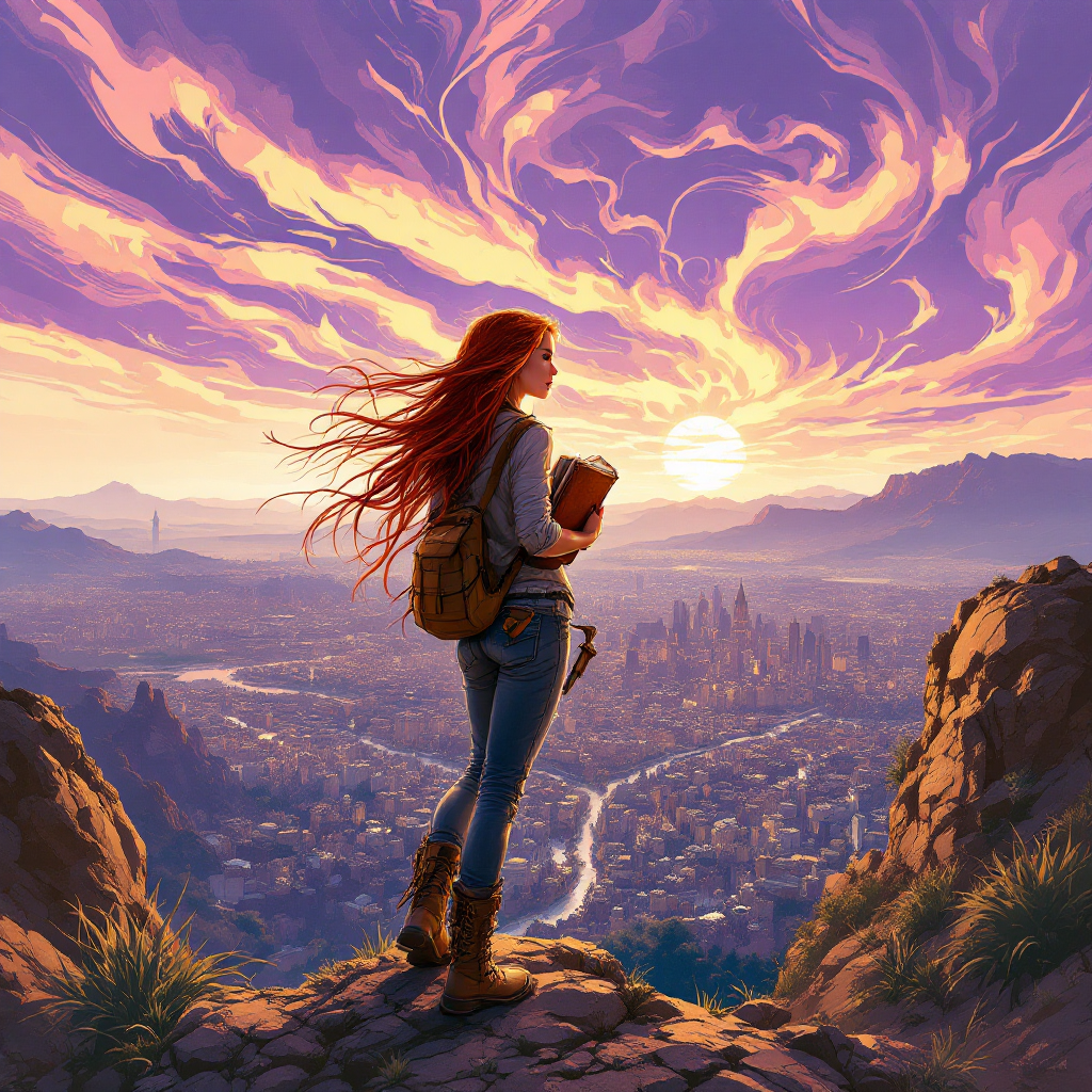 A young woman stands on a rocky ledge, holding a book, as a vibrant sunset illuminates the city below, embodying the spirit of fighting for freedom against all odds.