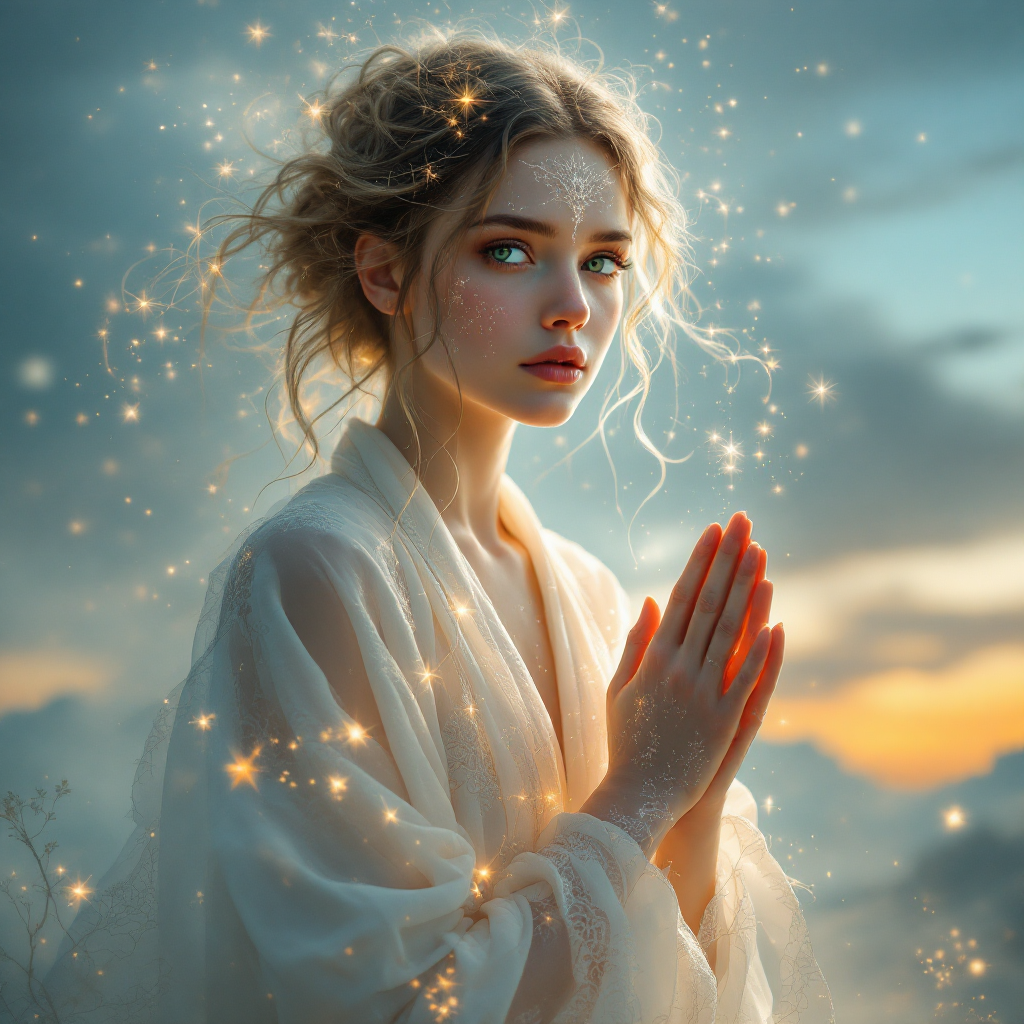 A young woman with soft features gazes thoughtfully into the distance, her hands clasped in front of her. Ethereal light and sparkles surround her, evoking a sense of hope and reflection.