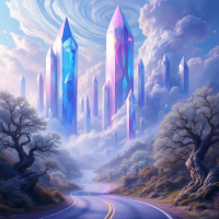 A surreal landscape features towering, multicolored crystals rising from misty clouds, framed by twisted, leafless trees, with a winding road leading into the wondrous scene.