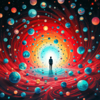 A figure stands at the center of a swirling cosmos, surrounded by vibrant spheres that represent moments, each reflecting unique worlds within a deep, colorful backdrop.