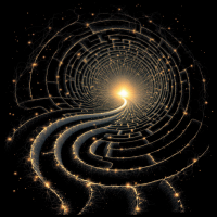 An intricate labyrinth spirals into a radiant light at the center, symbolizing the journey through darkness to find enlightenment, echoing the quote about embracing shadows.