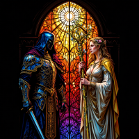 A cloaked figure in ornate armor faces a radiant woman holding a staff, framed by a vibrant stained glass window, symbolizing the tension between power and hope.