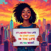 A smiling woman with curly hair holds a sign that reads, It's never too late to start living IN THE LIFE you want, against a vibrant sunset and city skyline backdrop.