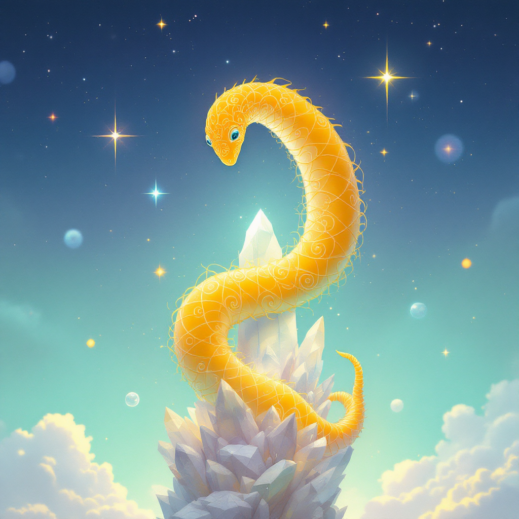 A glowing, yellow, snake-like creature winds gracefully around a crystalline structure, set against a starry sky with ethereal clouds and soft blue hues.