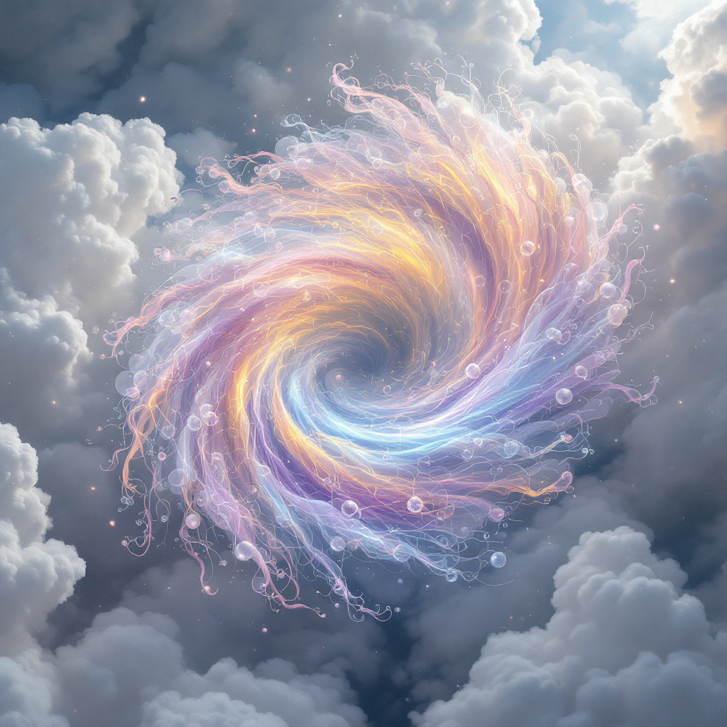 A swirling, ethereal vortex of pastel colors emerges from soft clouds, symbolizing the desire for freedom and choice, reflecting the quote about striving beyond traditional identities.