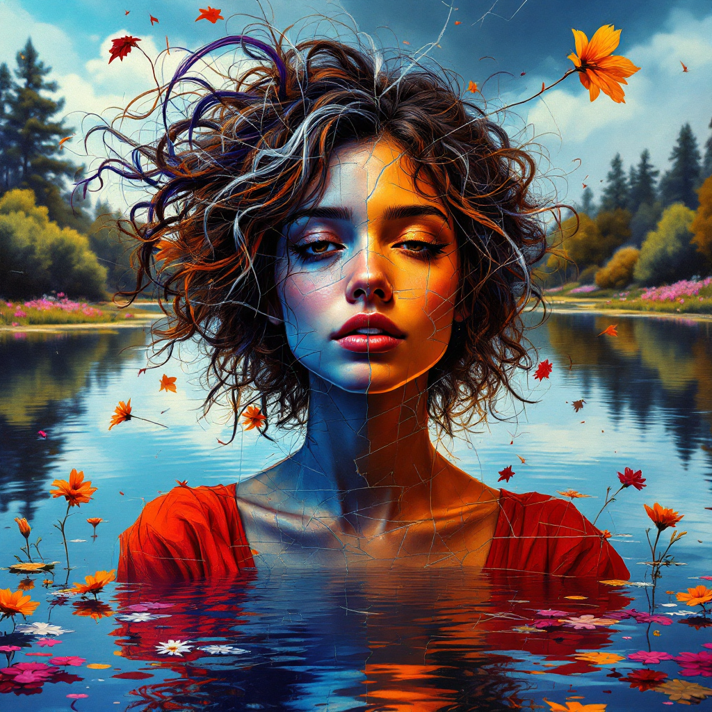 A serene portrait of a woman with curly hair, partially submerged in water, surrounded by autumn leaves and a lush landscape, embodying the transformation and self-discovery expressed in the quote.