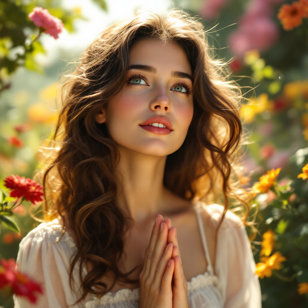 A young woman stands among vibrant flowers, looking upward with a dreamy expression, embodying the swift transition of emotions depicted in the quote about a lady's imagination.