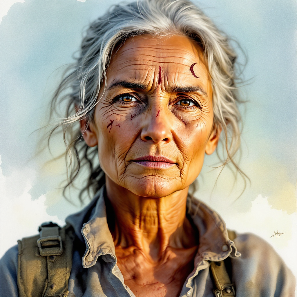 A weathered woman with gray hair gazes intently, her face marked by scars that reflect resilience. The background softens, emphasizing the strength in her story.