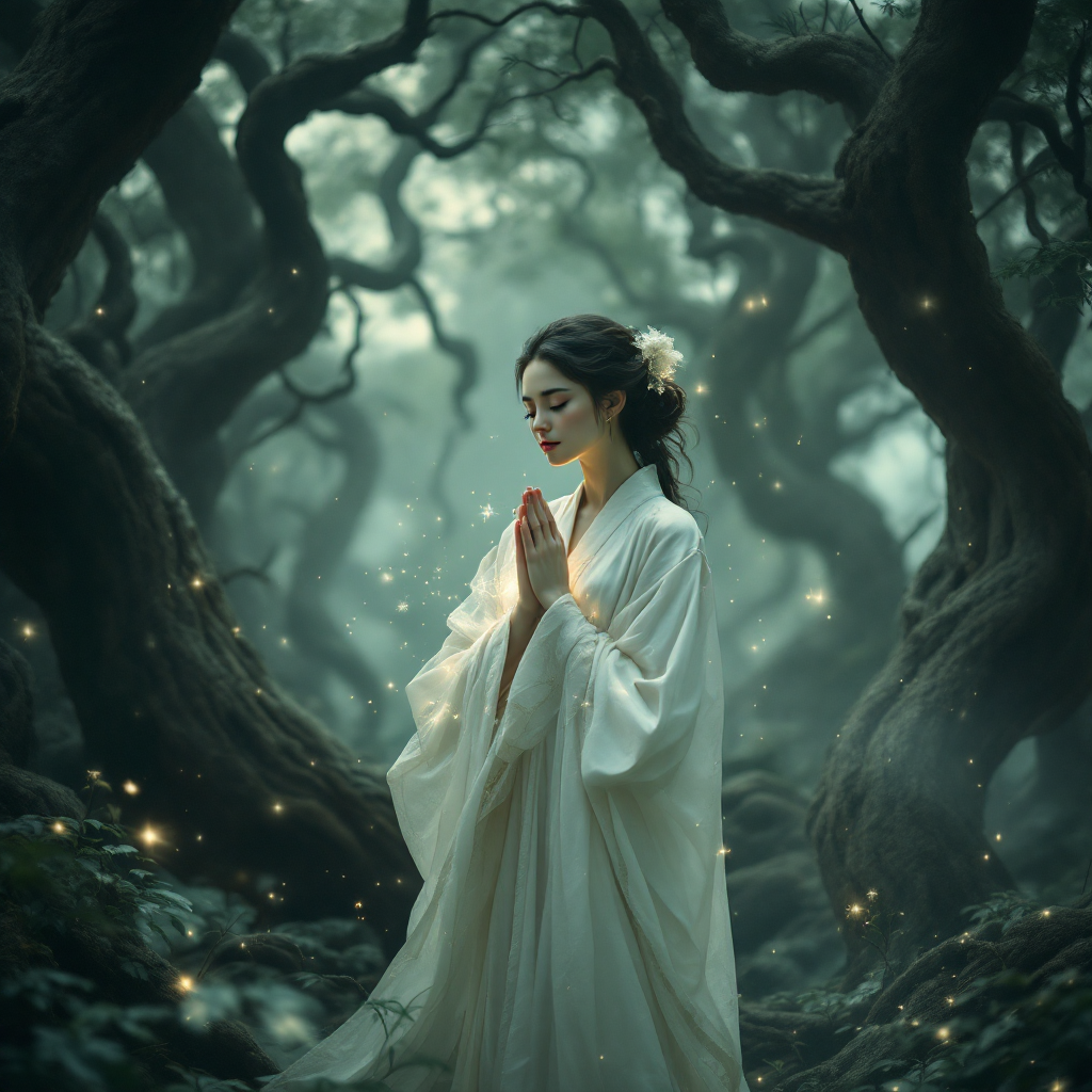 A serene figure in a flowing white robe stands among ancient, twisted trees, hands in prayer, surrounded by a soft glow of magical sparkles, embodying the essence of belief and magic.