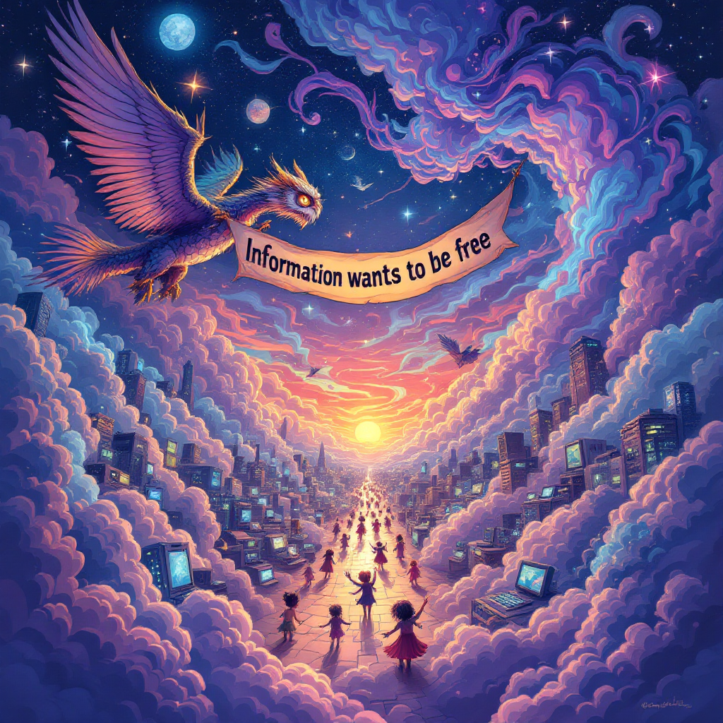 A vibrant scene shows a fantastical landscape filled with swirling clouds, a sunset, and figures walking towards a horizon, with a banner proclaiming, Information wants to be free.