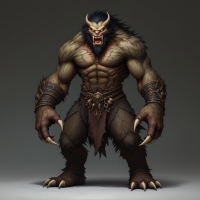 A muscular, bestial Ildiran warrior stands confidently, featuring sharp claws, long teeth, and intense eyes, embodying strength and primal power. His attire is rugged and fierce.