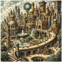 A fantastical cityscape filled with ornate buildings, towering domes, and lush greenery, embodying a whimsical world run by mice, inspired by the quote about Earth's true overseers.