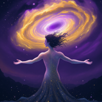 A figure stands with arms outstretched, enveloped in a cosmic swirl of purple and gold, symbolizing the exploration of perception and the universe's mysteries.