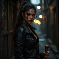 A determined woman stands in a dimly lit alley, clutching a bat, exuding strength and resilience as she embodies the quote, Trust is earned, not given.