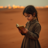 A girl with braided hair stands in a desert, reading a book intently as warm lights glow in the background, reflecting on the journey of discovering one’s purpose in life.