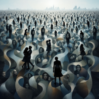 A surreal landscape filled with figures in a wave-like pattern, each face reflecting a mix of emotions, embodying the quote about loving humanity yet struggling with individual connections.