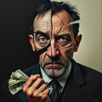 A man in a suit holds cash, his face cracked and distorted, symbolizing dependence on money and the vulnerability it brings, reflecting the quote about waiting for loss.