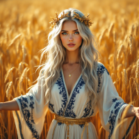 A woman in a flowing white dress adorned with blue patterns stands amidst golden wheat fields, her long, wavy hair crowned with delicate foliage, embodying serenity and truthfulness.