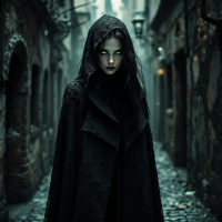 A figure cloaked in black stands in a misty, narrow alleyway, exuding an air of mystery and power, with glowing green eyes that suggest intrigue and hidden agendas.