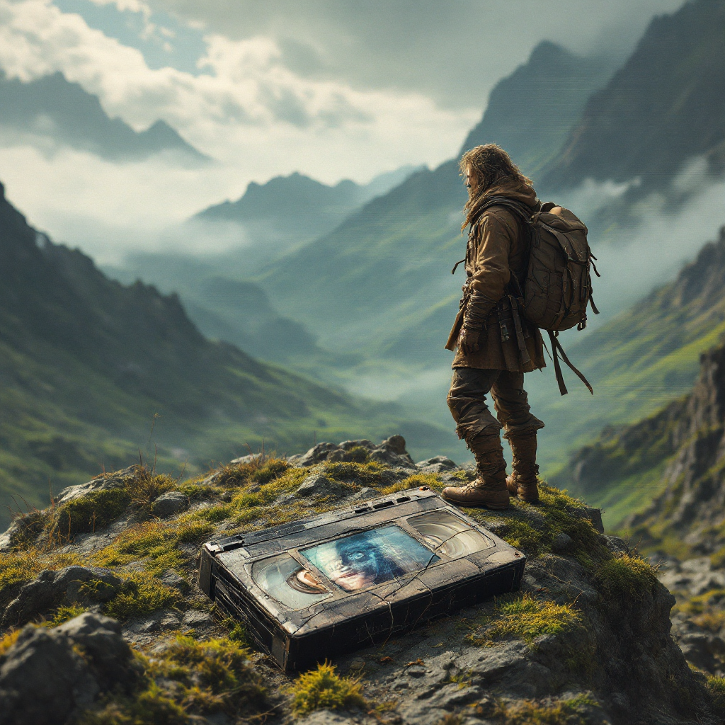 A lone traveler stands atop a rugged cliff, overlooking a majestic landscape of mountains and valleys, with a mysterious book resting beside them, echoing the quote, Not all those who wander are lost.