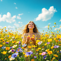 A joyful woman holds flowers, surrounded by a vibrant field of blooming wildflowers under a bright blue sky, embodying the beauty of love and nature.