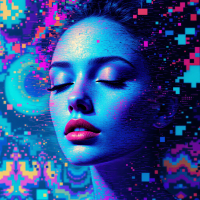 A serene female portrait emerges from a vibrant, glitchy background of blues and purples, embodying the quote: It's not what you look at that matters, it's what you see.