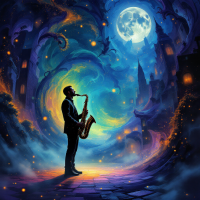 A saxophonist stands in a vibrant, surreal landscape, illuminated by a full moon, embodying the theme of memory and forgetfulness from the quote: You forget what you want to remember...