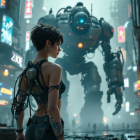 A brave figure stands in a futuristic city, facing a towering robot, embodying the quote about courage in the face of fear. Neon signs illuminate the dramatic scene.