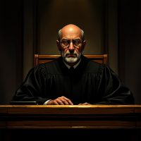 A solemn judge sits at a wooden bench, clad in a black robe, with an intense gaze illuminated by dim lighting, embodying the weight of unspoken truths in the world of law.