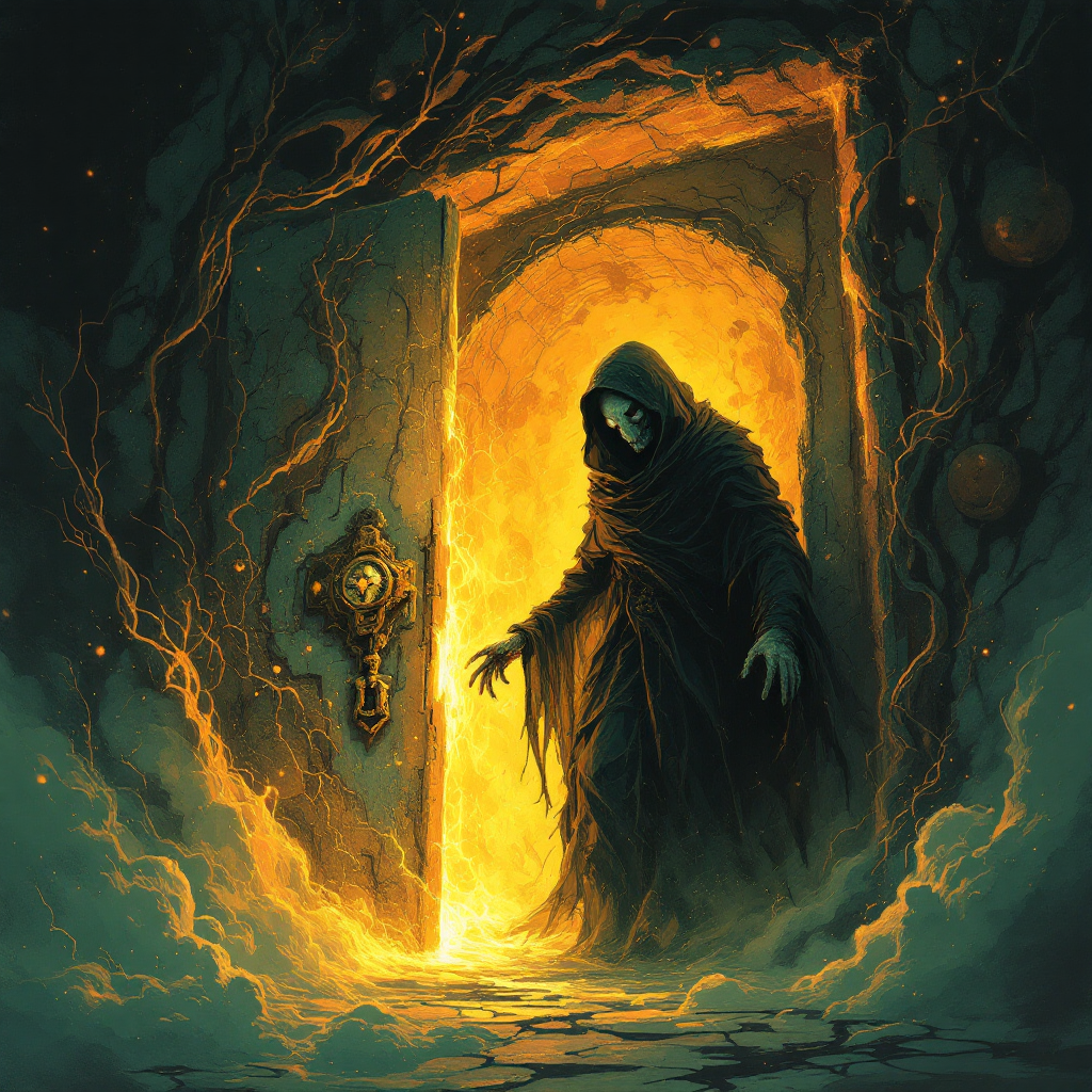 A shadowy figure emerges from an illuminated doorway, symbolizing the unlocking of one's soul, with a haunting atmosphere that reflects the quote's impact on the Common Man.